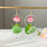 3D Lily pad and Lotus flower dangle earrings - Unique Dangle